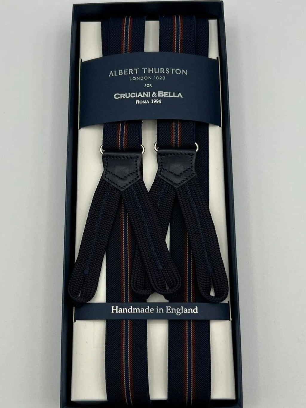 Albert Thurston for Cruciani & Bella Made in England Adjustable Sizing 25 mm elastic braces  Blue and Wine Stripes Braid ends Y-Shaped Nickel Fittings Size: XL