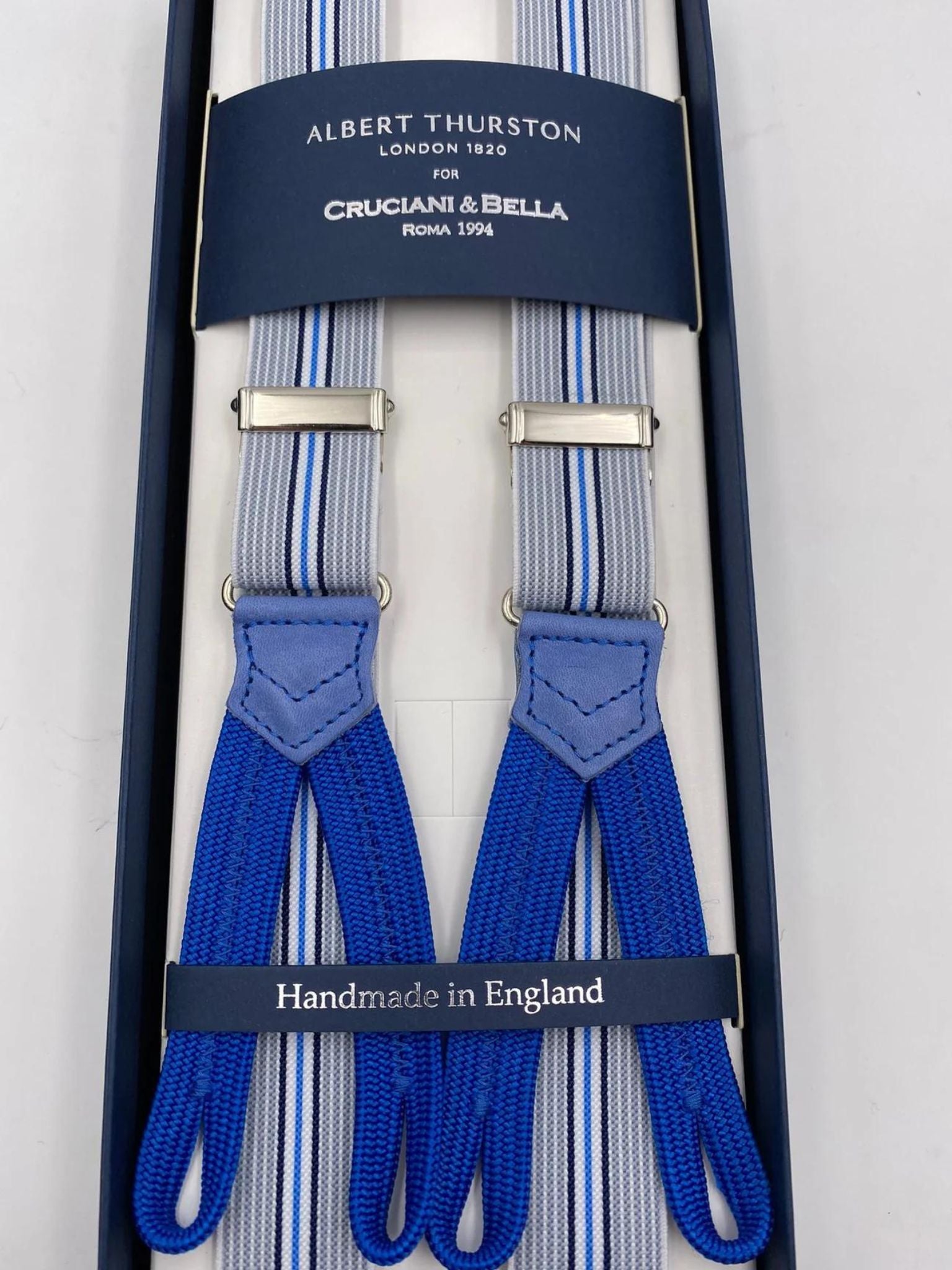 Albert Thurston for Cruciani & Bella Made in England Adjustable Sizing 25 mm elastic braces Grey, Blue and White Stripes Braid ends Y-Shaped Nickel Fittings Size: L