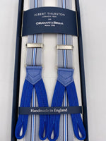 Albert Thurston for Cruciani & Bella Made in England Adjustable Sizing 25 mm elastic braces Grey, Blue and White Stripes Braid ends Y-Shaped Nickel Fittings Size: L