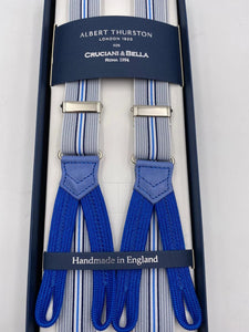 Albert Thurston for Cruciani & Bella Made in England Adjustable Sizing 25 mm elastic braces Grey, Blue and White Stripes Braid ends Y-Shaped Nickel Fittings Size: L