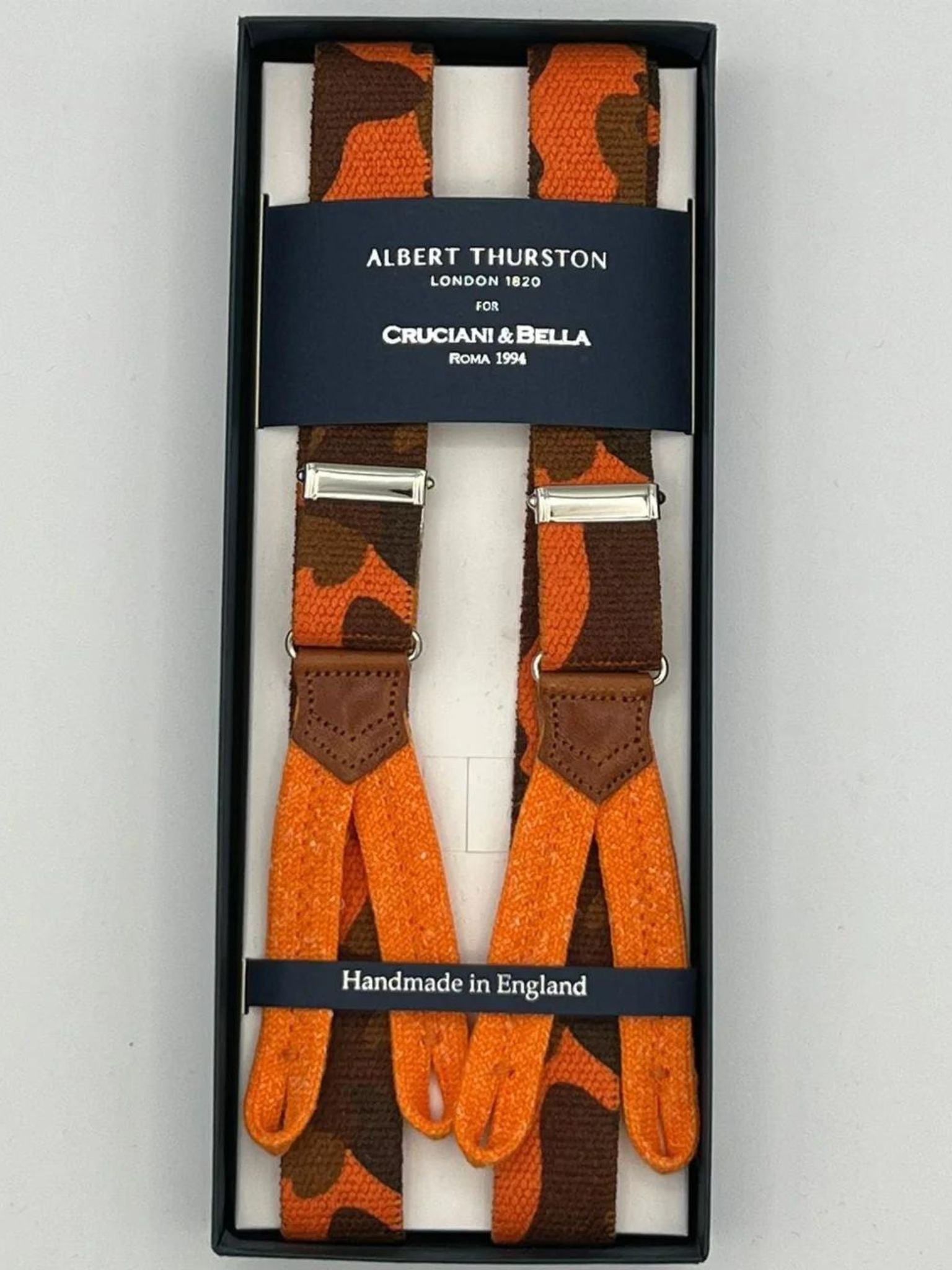 Albert Thurston for Cruciani & Bella Made in England Adjustable Sizing 25 mm elastic braces Orange and Brown Military Motif Braid ends Y-Shaped Nickel  Fittings Size: L