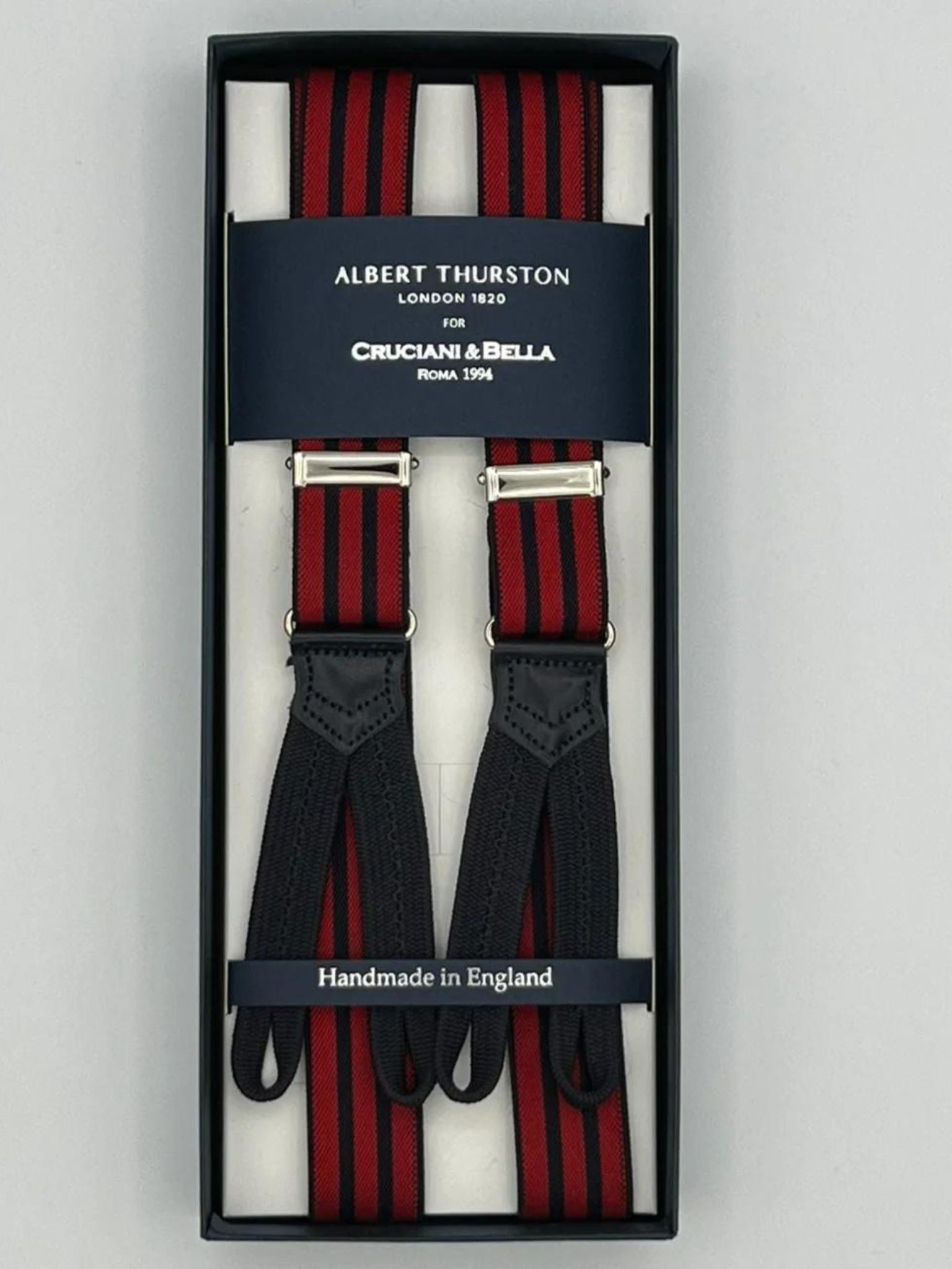 Albert Thurston for Cruciani & Bella Made in England Adjustable Sizing 25 mm elastic braces Red, Blue Stripes Braid ends Y-Shaped Nickel  Fittings Size: L