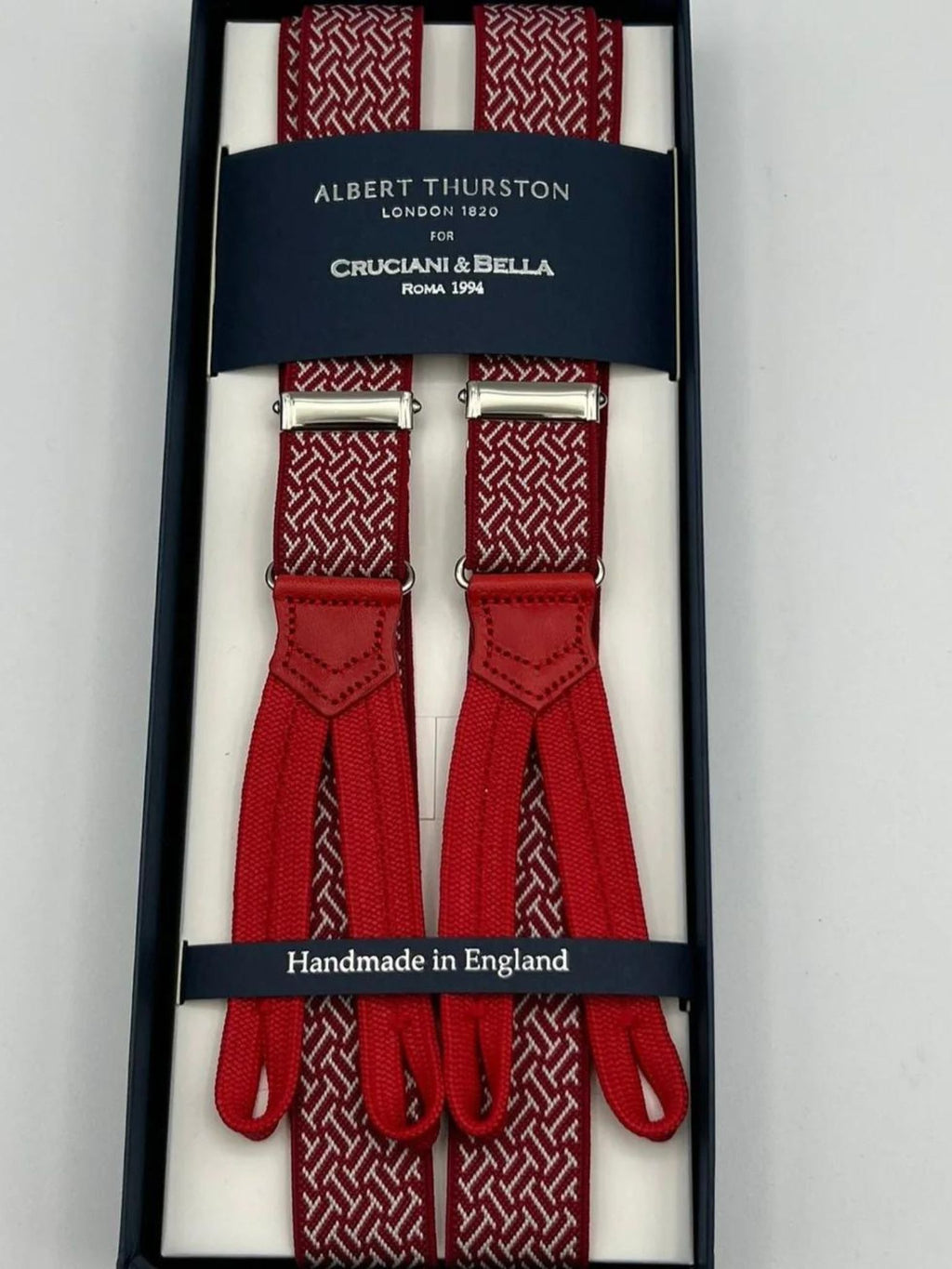 Albert Thurston for Cruciani & Bella Made in England Adjustable Sizing 25 mm elastic braces Red, White Motif Braid ends Y-Shaped Nickel  Fittings Size: L