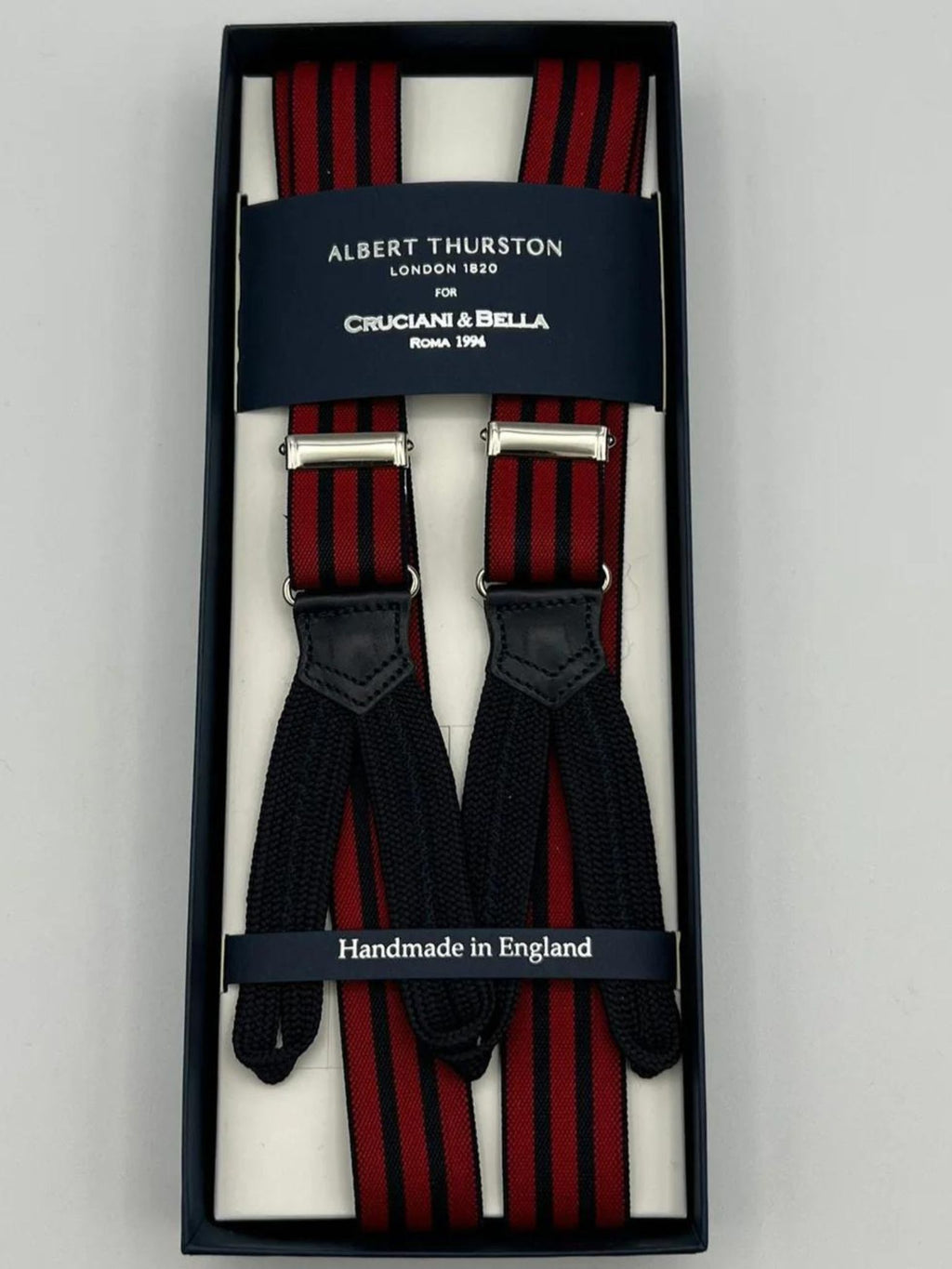 Albert Thurston for Cruciani & Bella Made in England Adjustable Sizing 25 mm elastic braces  Red and Blue Stripes Braid ends Y-Shaped Nickel Fittings Size: XL