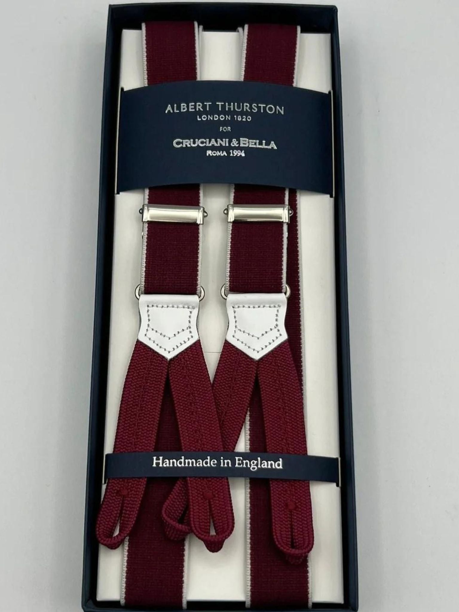 Albert Thurston for Cruciani & Bella Made in England Adjustable Sizing 25 mm elastic braces Red, White Stripes  Braid ends Y-Shaped Nickel  Fittings Size: L