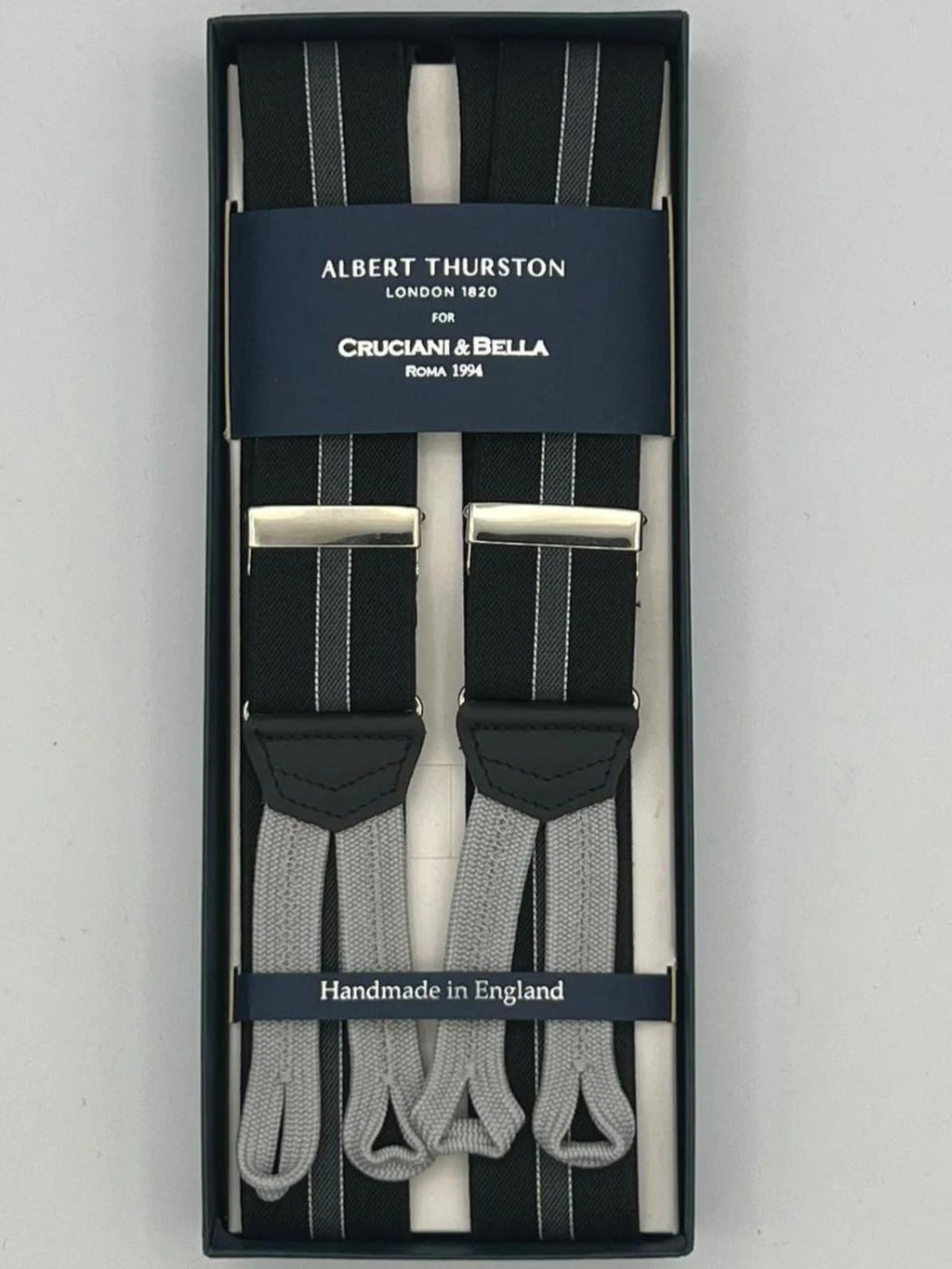 Albert Thurston for Cruciani & Bella Made in England Adjustable Sizing 35 mm elastic braces Black and Grey Stripes  Braid ends Y-Shaped Nickel Fittings Size: L