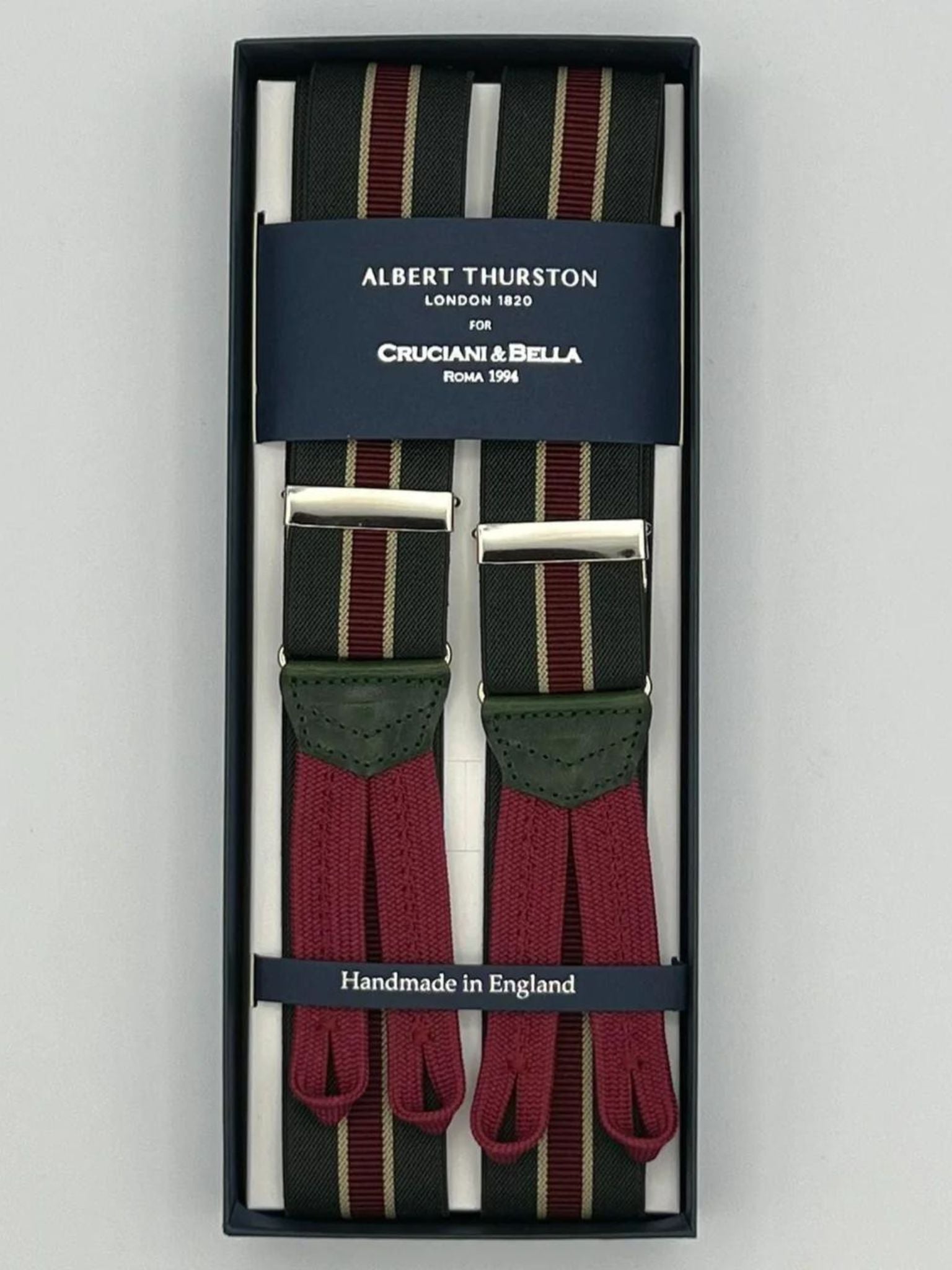 Albert Thurston for Cruciani & Bella Made in England Adjustable Sizing 35 mm Elastic Braces Green and Red Stripe Braces Braid ends Y-Shaped Nickel Fittings Size: L