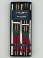 Albert Thurston for Cruciani & Bella Made in England Adjustable Sizing 35 mm Elastic Braces Green and Red Stripe Braces Braid ends Y-Shaped Nickel Fittings Size: L