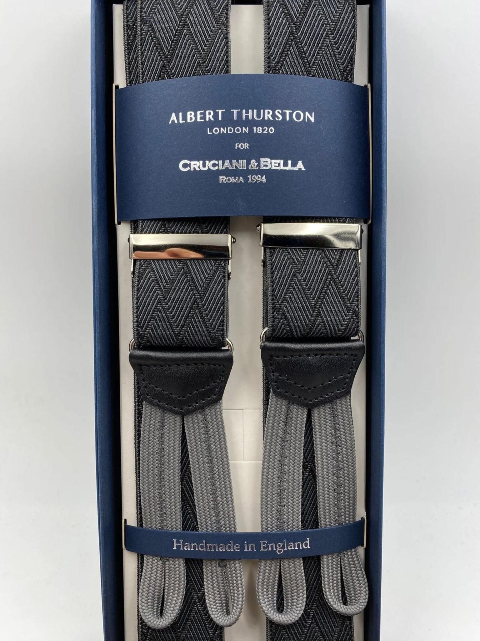 Albert Thurston for Cruciani & Bella Made in England Adjustable Sizing 35 mm elastic  braces Grey and Black  Rhombus braces Braid ends Y-Shaped Nickel Fittings Size: L