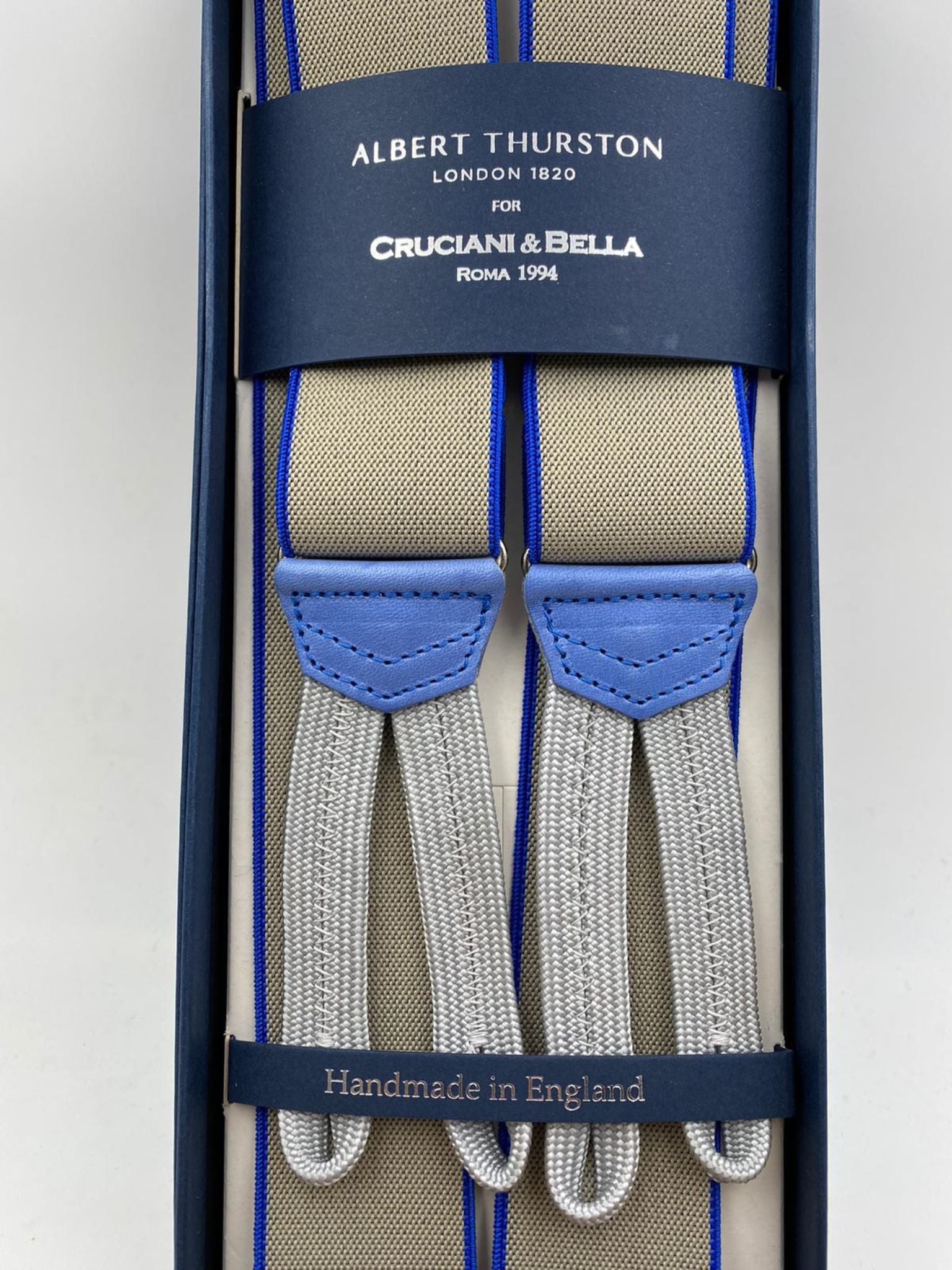 Albert Thurston for Cruciani & Bella Made in England Adjustable Sizing 35 mm elastic braces Light Beige and Blue  Braid ends Y-Shaped Nickel Fittings Size: L