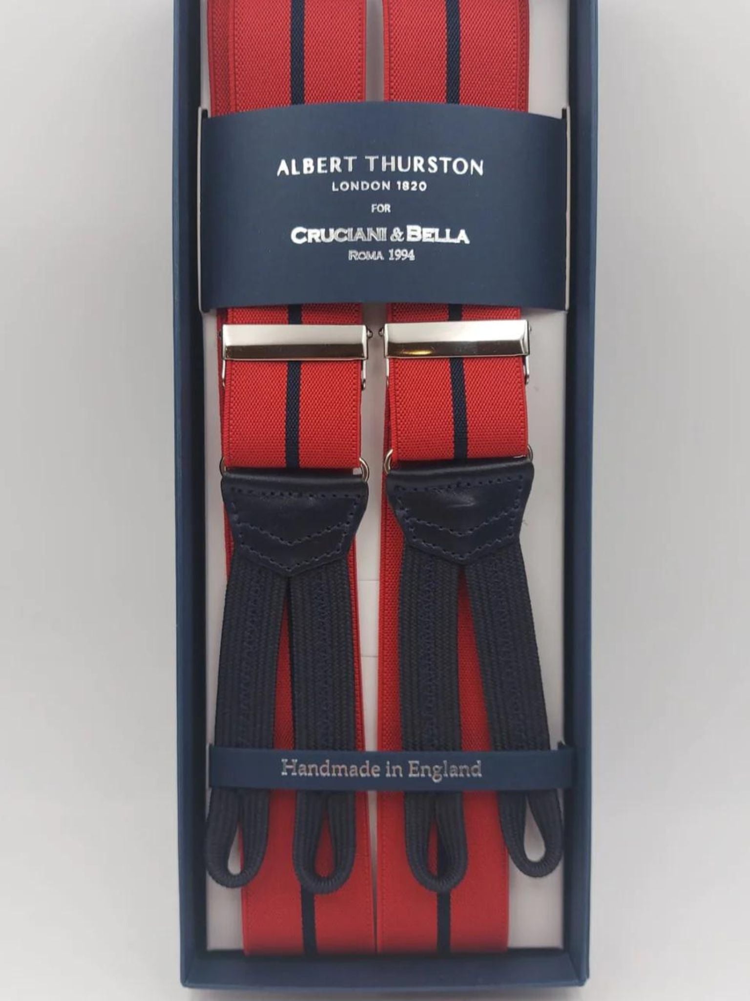 Albert Thurston for Cruciani & Bella Made in England Adjustable Sizing 35 mm Elastic Braces Red and Blue Stripes Braces Braid ends Y-Shaped Nickel Fittings Size: L