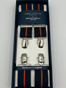 Albert Thurston for Cruciani & Bella Made in England Clip on Adjustable Sizing 35 mm elastic braces Blue and Orange Stripe X-Shaped Nickel Fittings Size: L