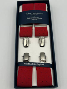 Albert Thurston for Cruciani & Bella Made in England Clip on Adjustable Sizing 35 mm elastic braces Red, Blue dots X-Shaped Nickel Fittings Size: L