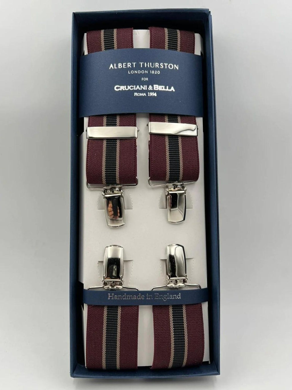 Albert Thurston for Cruciani & Bella Made in England Clip on Adjustable Sizing 35 mm elastic braces Wine, Brown and Black Stripes  X-Shaped Nickel Fittings Size: L