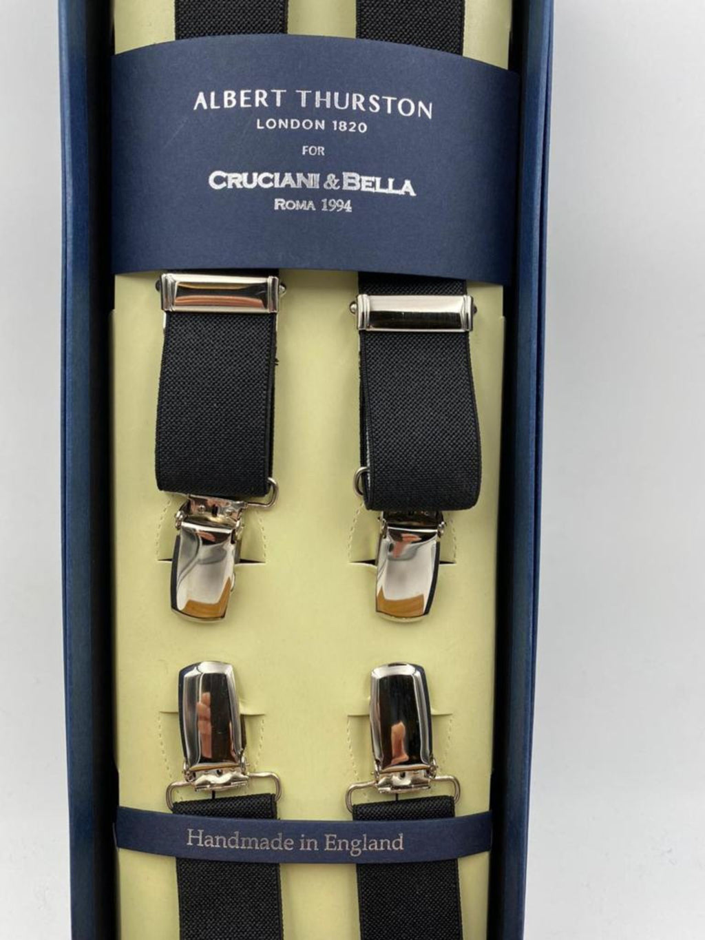 Albert Thurston for Cruciani & Bella Made in England Clip on Adjustable Sizing 25 mm elastic braces Black Plain Color X-Shaped Nickel Fittings Size: L