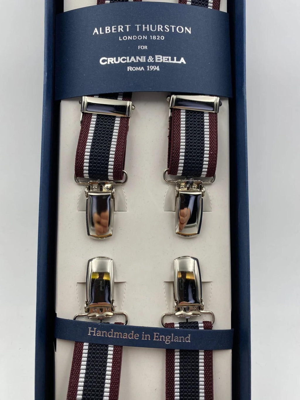 Albert Thurston for Cruciani & Bella Made in England Clip on Adjustable Sizing 25 mm elastic braces Black and Bourgundy Stripes X-Shaped Nickel Fittings Size: L
