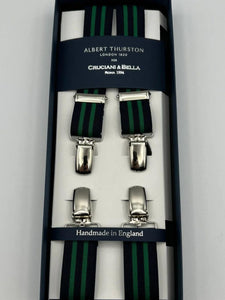 Albert Thurston for Cruciani & Bella Made in England Clip on Adjustable Sizing 25 mm elastic braces Blue, Green Stripes X-Shaped Nickel Fittings Size: L