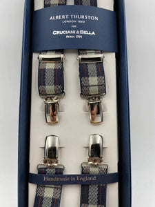 Albert Thurston for Cruciani & Bella Made in England Clip on Adjustable Sizing 25 mm elastic braces Blue, Grey and Red Tartan X-Shaped Nickel Fittings Size: L