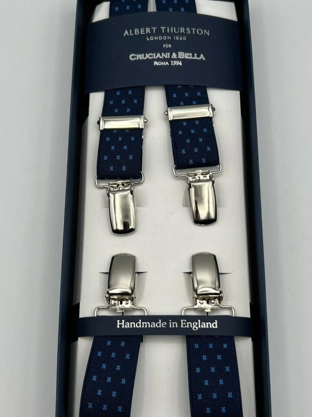 Albert Thurston for Cruciani & Bella Made in England Clip on Adjustable Sizing 25 mm elastic braces Blue, Light Blue Motif X-Shaped Nickel Fittings Size: L