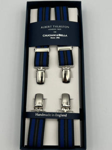 Albert Thurston for Cruciani & Bella Made in England Clip on Adjustable Sizing 25 mm elastic braces Blue, Light Blue Stripes X-Shaped Nickel Fittings Size: L