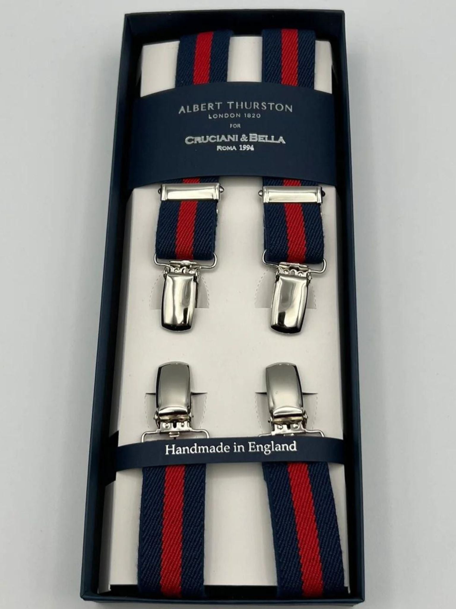 Albert Thurston for Cruciani & Bella Made in England Clip on Adjustable Sizing 25 mm elastic braces Blue, Red Stripes X-Shaped Nickel Fittings Size: L