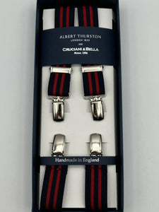 Albert Thurston for Cruciani & Bella Made in England Clip on Adjustable Sizing 25 mm elastic braces Blue, Red Stripes X-Shaped Nickel Fittings Size: L