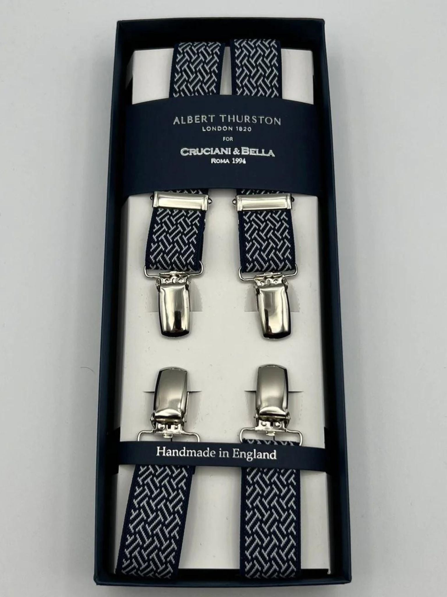 Albert Thurston for Cruciani & Bella Made in England Clip on Adjustable Sizing 25 mm elastic braces Blue and White Motif X-Shaped Nickel Fittings Size: L