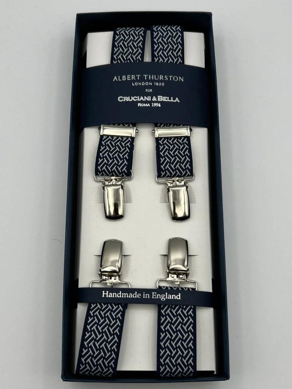 Albert Thurston for Cruciani & Bella Made in England Clip on Adjustable Sizing 25 mm elastic braces Blue and White Motif X-Shaped Nickel Fittings Size: L