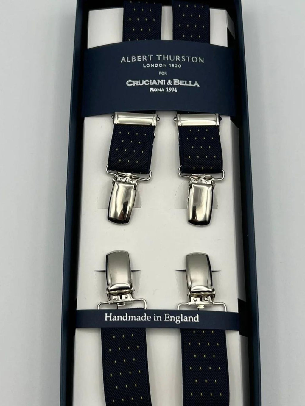 Albert Thurston for Cruciani & Bella Made in England Clip on Adjustable Sizing 25 mm elastic braces Blue, Yellow Dots X-Shaped Nickel Fittings Size: L #7377