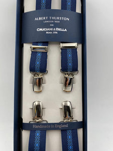 Albert Thurston for Cruciani & Bella Made in England Clip on Adjustable Sizing 25 mm elastic braces Blue and Light Blue Patterned X-Shaped Nickel Fittings Size: L