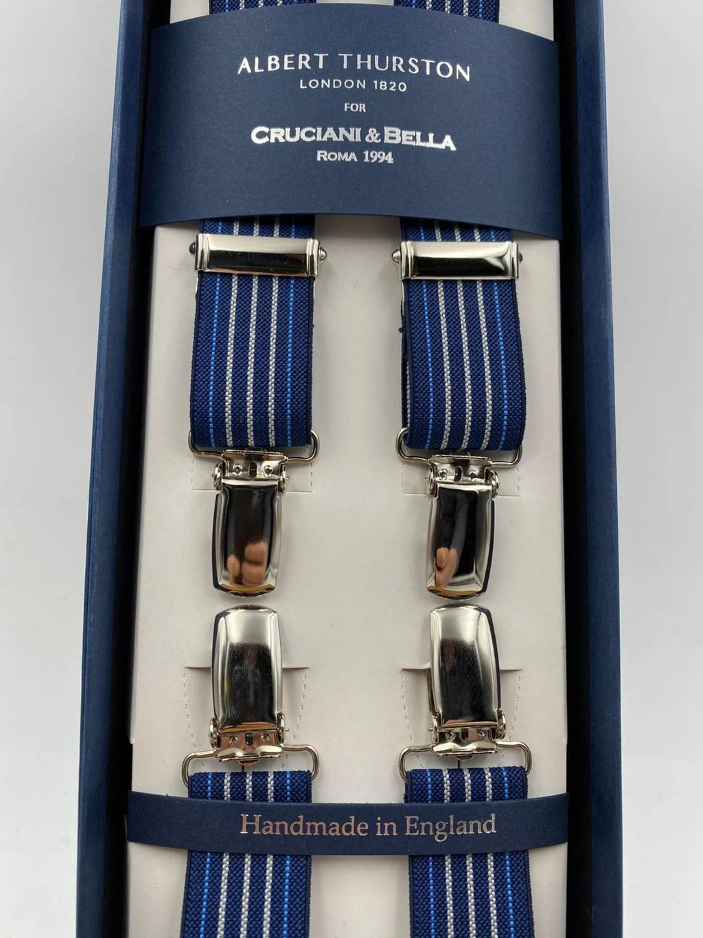 Albert Thurston for Cruciani & Bella Made in England Clip on Adjustable Sizing 25 mm elastic braces Blue and White Stripes X-Shaped Nickel Fittings Size: L