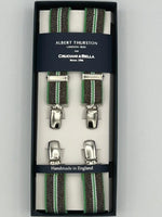 Albert Thurston for Cruciani & Bella Made in England Clip on Adjustable Sizing 25 mm elastic braces Brown, Green and White Stripes X-Shaped Nickel Fittings Size: L