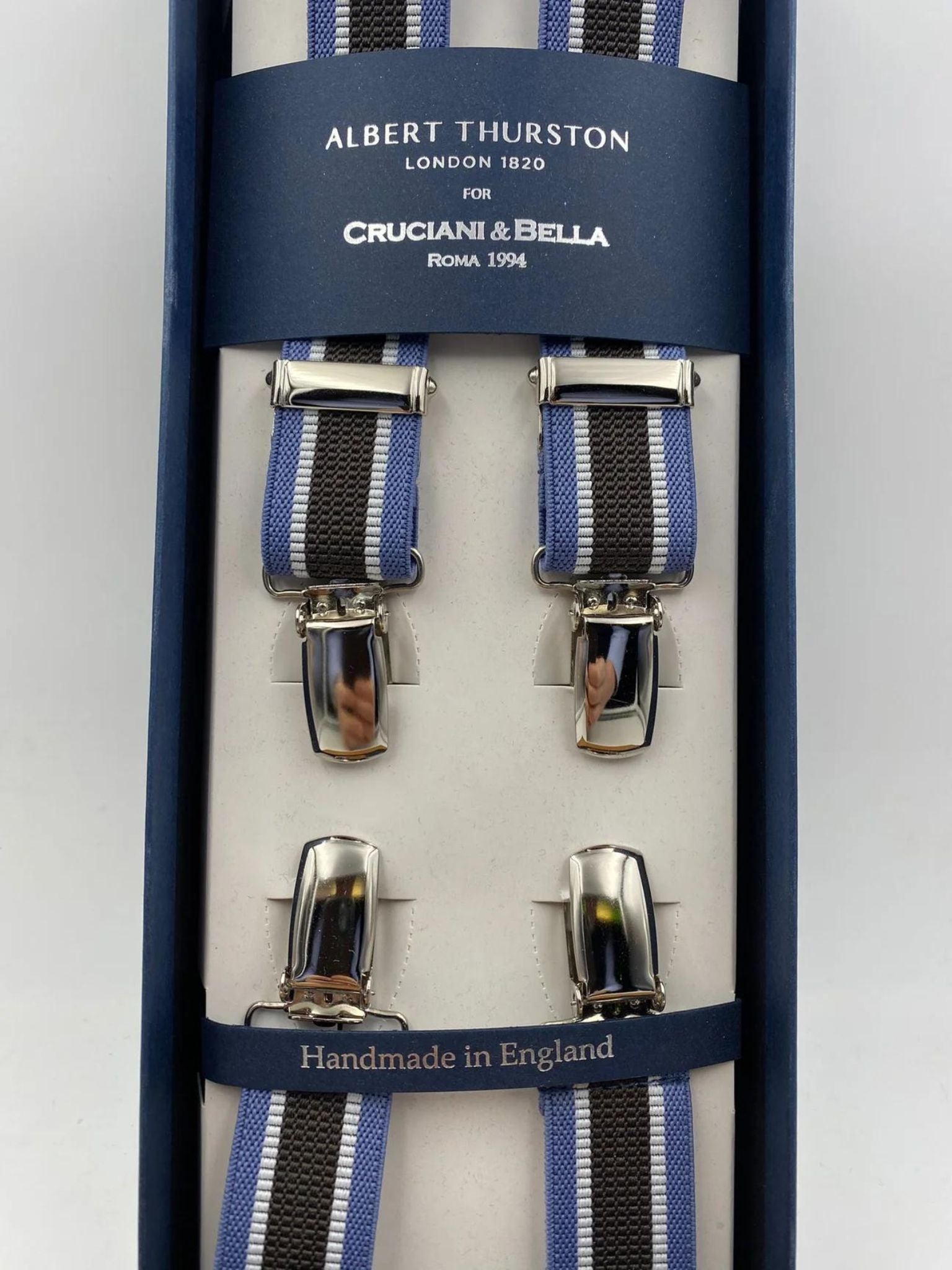 Albert Thurston for Cruciani & Bella Made in England Clip on Adjustable Sizing 25 mm elastic braces Brown and Light Blue Stripes X-Shaped Nickel Fittings Size: L