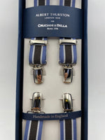 Albert Thurston for Cruciani & Bella Made in England Clip on Adjustable Sizing 25 mm elastic braces Brown and Light Blue Stripes X-Shaped Nickel Fittings Size: L