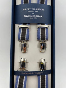 Albert Thurston for Cruciani & Bella Made in England Clip on Adjustable Sizing 25 mm elastic braces Brown and Light Blue Stripes X-Shaped Nickel Fittings Size: L
