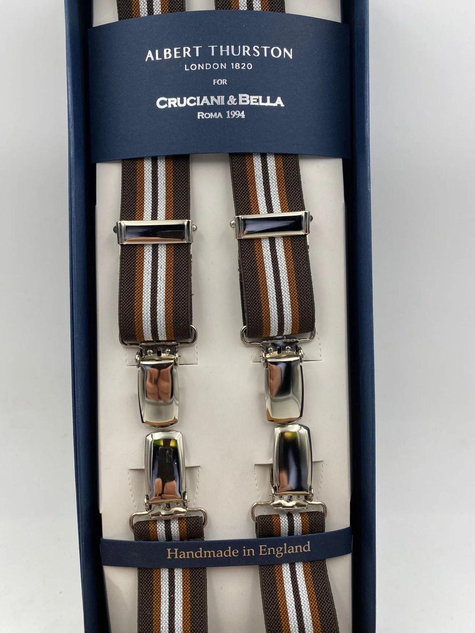 Albert Thurston for Cruciani & Bella Made in England Clip on Adjustable Sizing 25 mm elastic braces Brown and White Stripes X-Shaped Nickel Fittings Size: L
