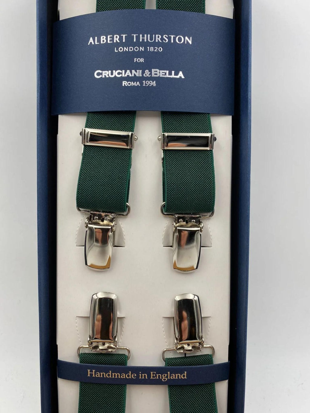 Albert Thurston for Cruciani & Bella Made in England Clip on Adjustable Sizing 25 mm elastic braces Green  X-Shaped Nickel Fittings Size: L