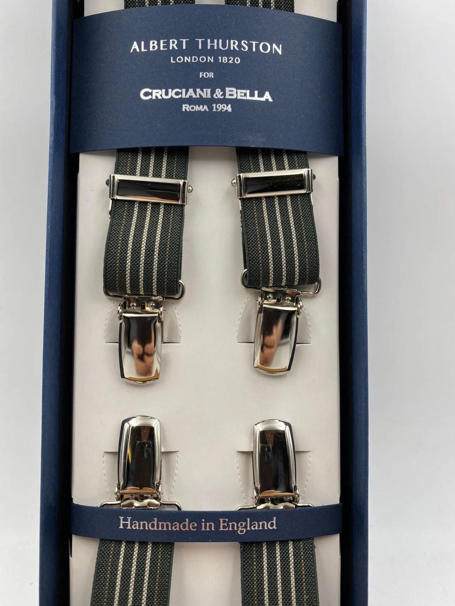 Albert Thurston for Cruciani & Bella Made in England Clip on Adjustable Sizing 25 mm elastic braces Green and Beige Stripes X-Shaped Nickel Fittings Size: L