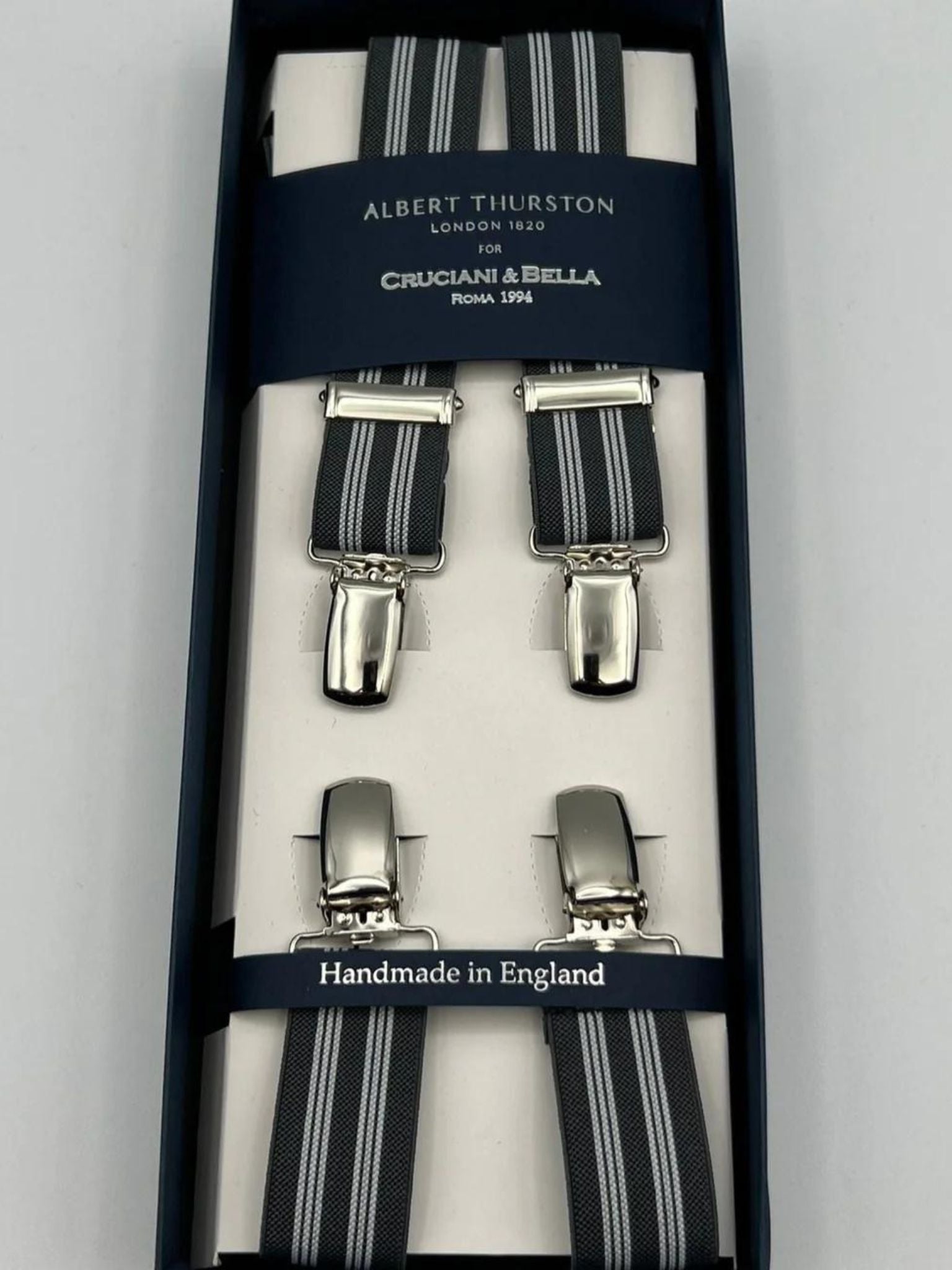 Albert Thurston for Cruciani & Bella Made in England Clip on Adjustable Sizing 25 mm elastic braces Grey, White Stripes X-Shaped Nickel Fittings Size: L