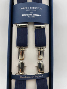 Albert Thurston for Cruciani & Bella Made in England Clip on Adjustable Sizing 25 mm elastic braces Navy Blue Harringbone Plain Color X-Shaped Nickel Fittings Size: L
