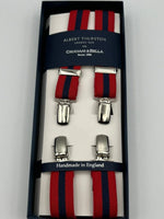 Albert Thurston for Cruciani & Bella Made in England Clip on Adjustable Sizing 25 mm elastic braces Red, Blue Stripes X-Shaped Nickel Fittings Size: L