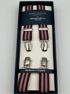 Albert Thurston for Cruciani & Bella Made in England Clip on Adjustable Sizing 25 mm elastic braces Red, White Stripes X-Shaped Nickel Fittings Size: L