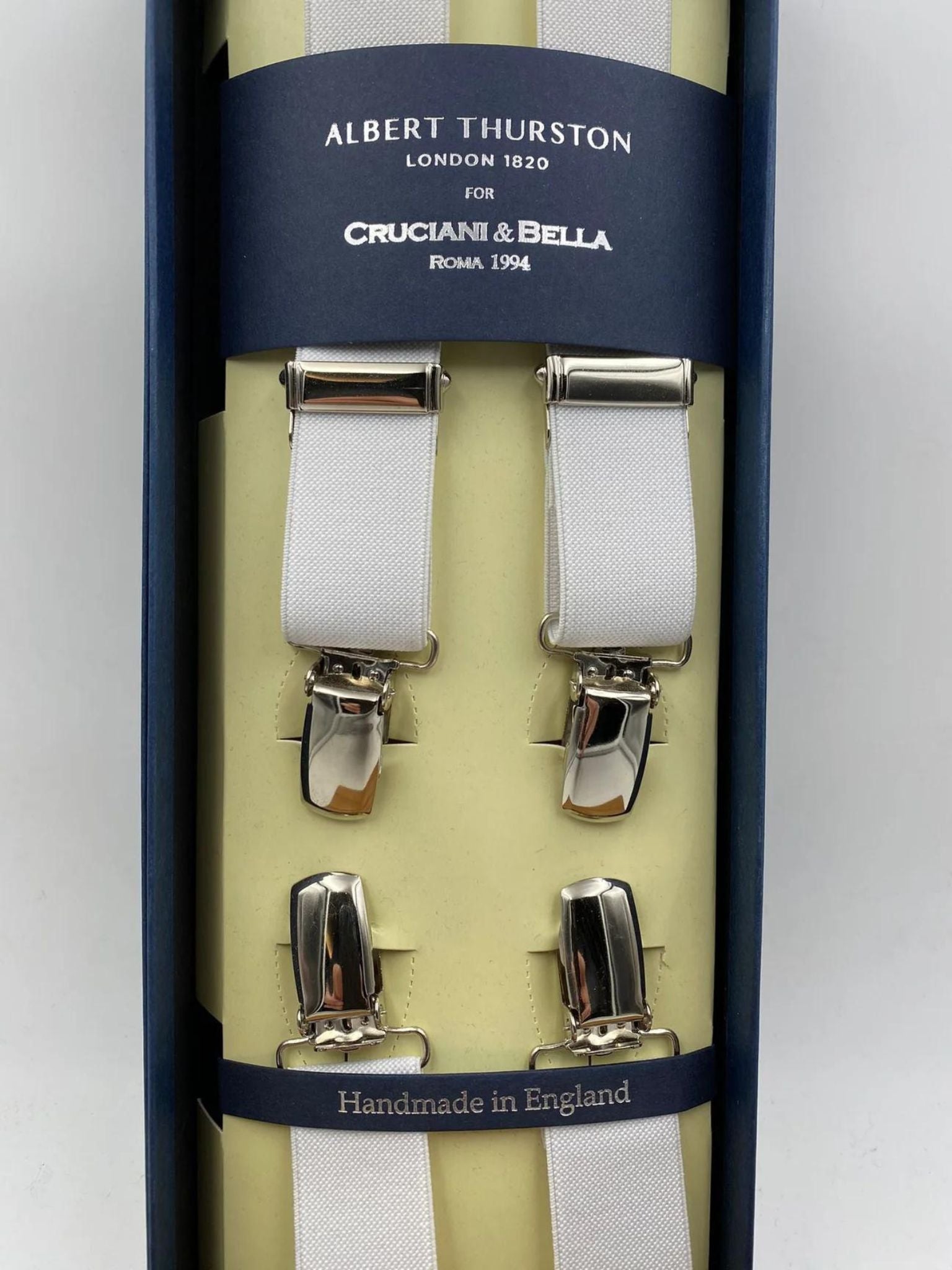 Albert Thurston for Cruciani & Bella Made in England Clip on Adjustable Sizing 25 mm elastic braces White  X-Shaped Nickel Fittings Size: L