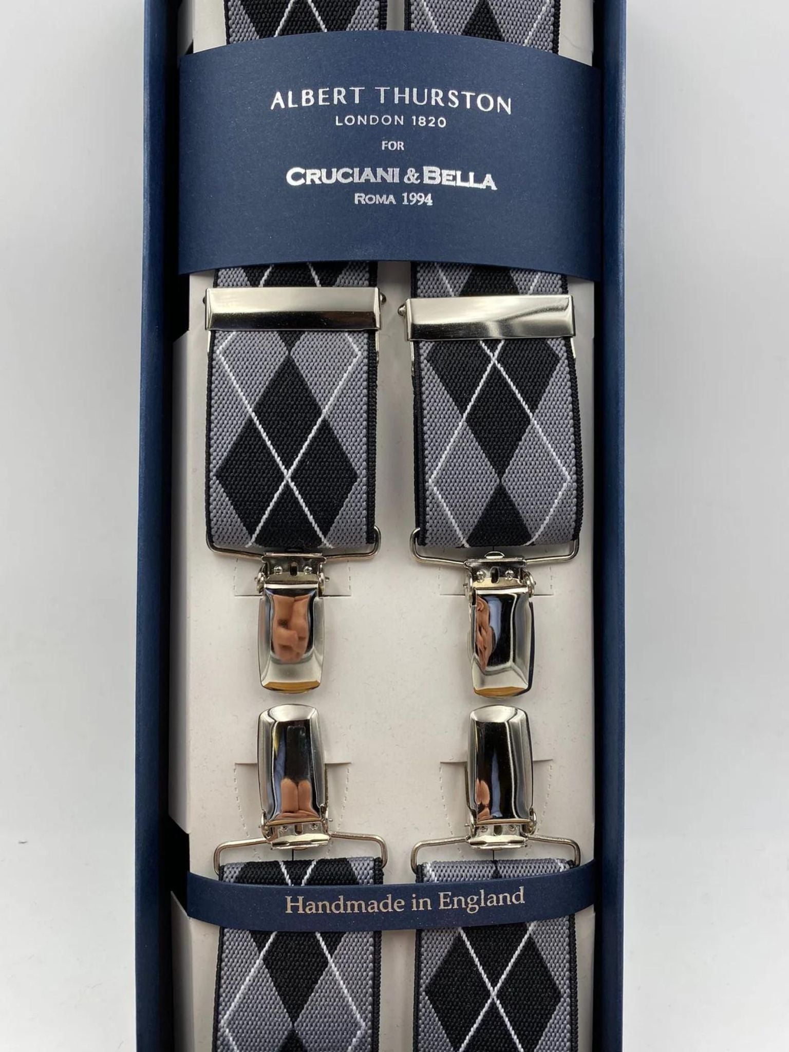 Albert Thurston for Cruciani & Bella Made in England Clip on Adjustable Sizing 35 mm elastic braces Black, Grey and White X-Shaped Nickel Fittings Size: L
