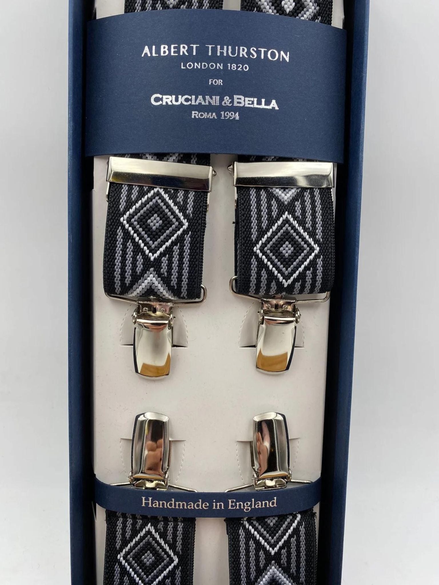 Albert Thurston for Cruciani & Bella Made in England Clip on Adjustable Sizing 35 mm elastic braces Black and Grey Patterned X-Shaped Nickel Fittings Size: L