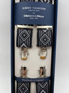 Albert Thurston for Cruciani & Bella Made in England Clip on Adjustable Sizing 35 mm elastic braces Black and Grey Patterned X-Shaped Nickel Fittings Size: L