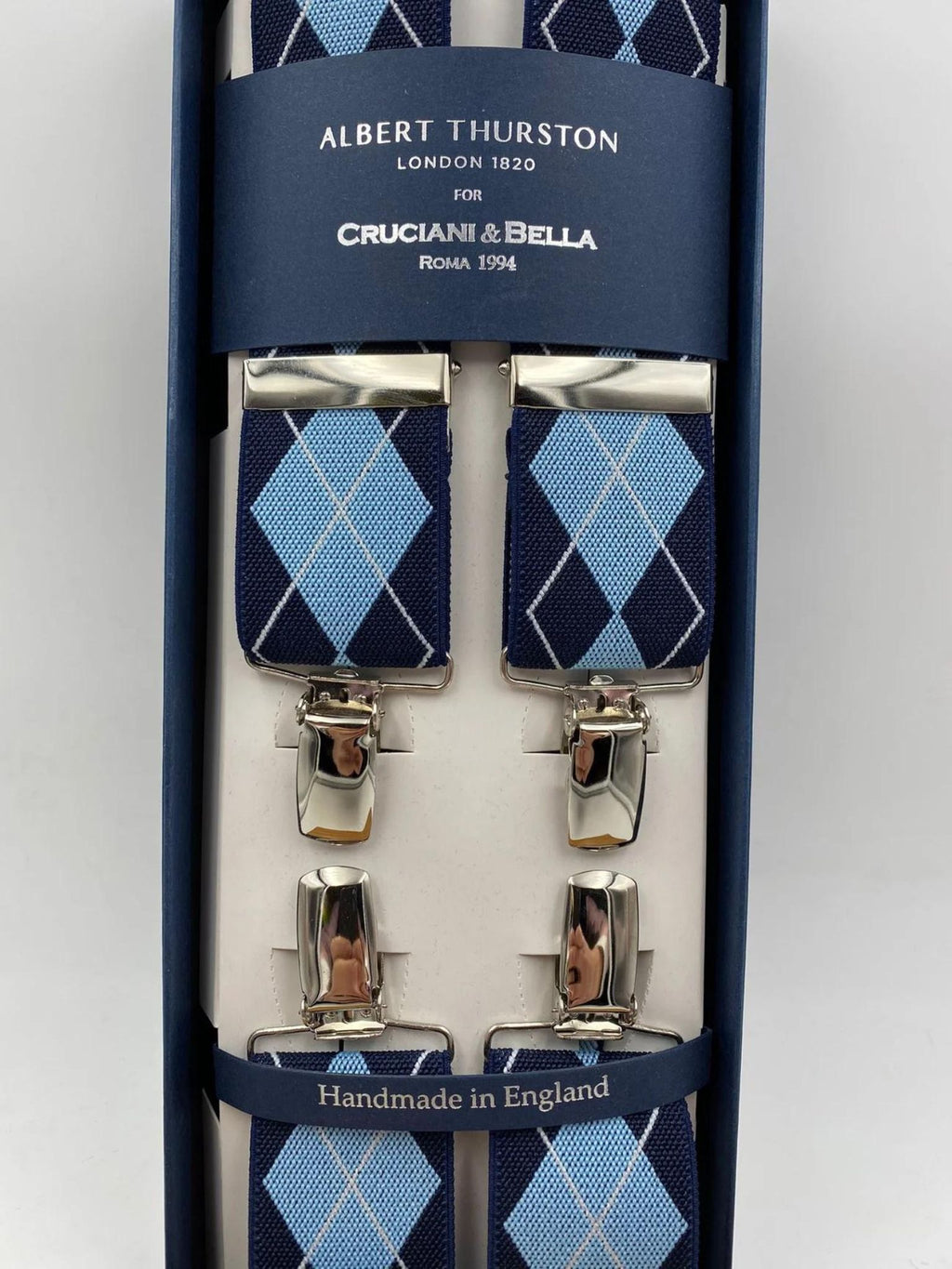 Albert Thurston for Cruciani & Bella Made in England Clip on Adjustable Sizing 35 mm elastic braces Blue, Light Blue and White X-Shaped Nickel Fittings Size: L