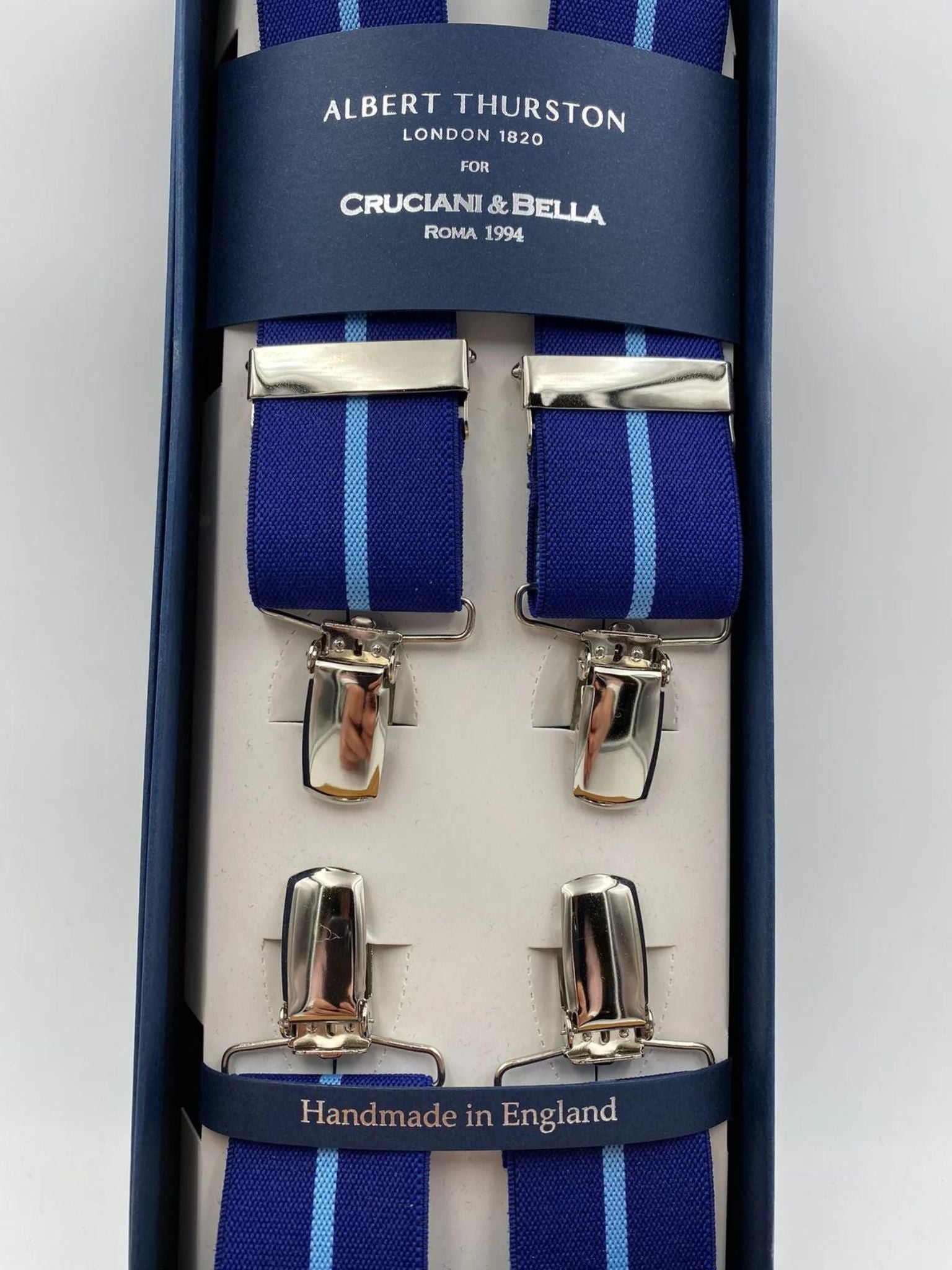 Albert Thurston for Cruciani & Bella Made in England Clip on Adjustable Sizing 35 mm elastic braces Blue and Sky Blue Stripe X-Shaped Nickel Fittings Size: L