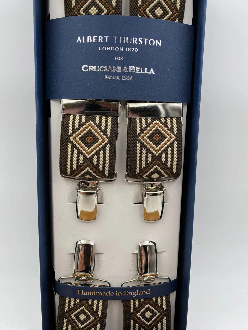 Albert Thurston for Cruciani & Bella Made in England Clip on Adjustable Sizing 35 mm elastic braces Brown Patterned X-Shaped Nickel Fittings Size: L