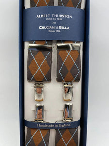 Albert Thurston for Cruciani & Bella Made in England Clip on Adjustable Sizing 35 mm elastic braces Brown, Ochre and Sky Blue X-Shaped Nickel Fittings Size: L
